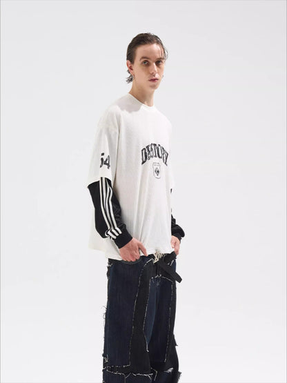 Faded Print Layered-Effect Patchwork Long Sleeve T-Shirt