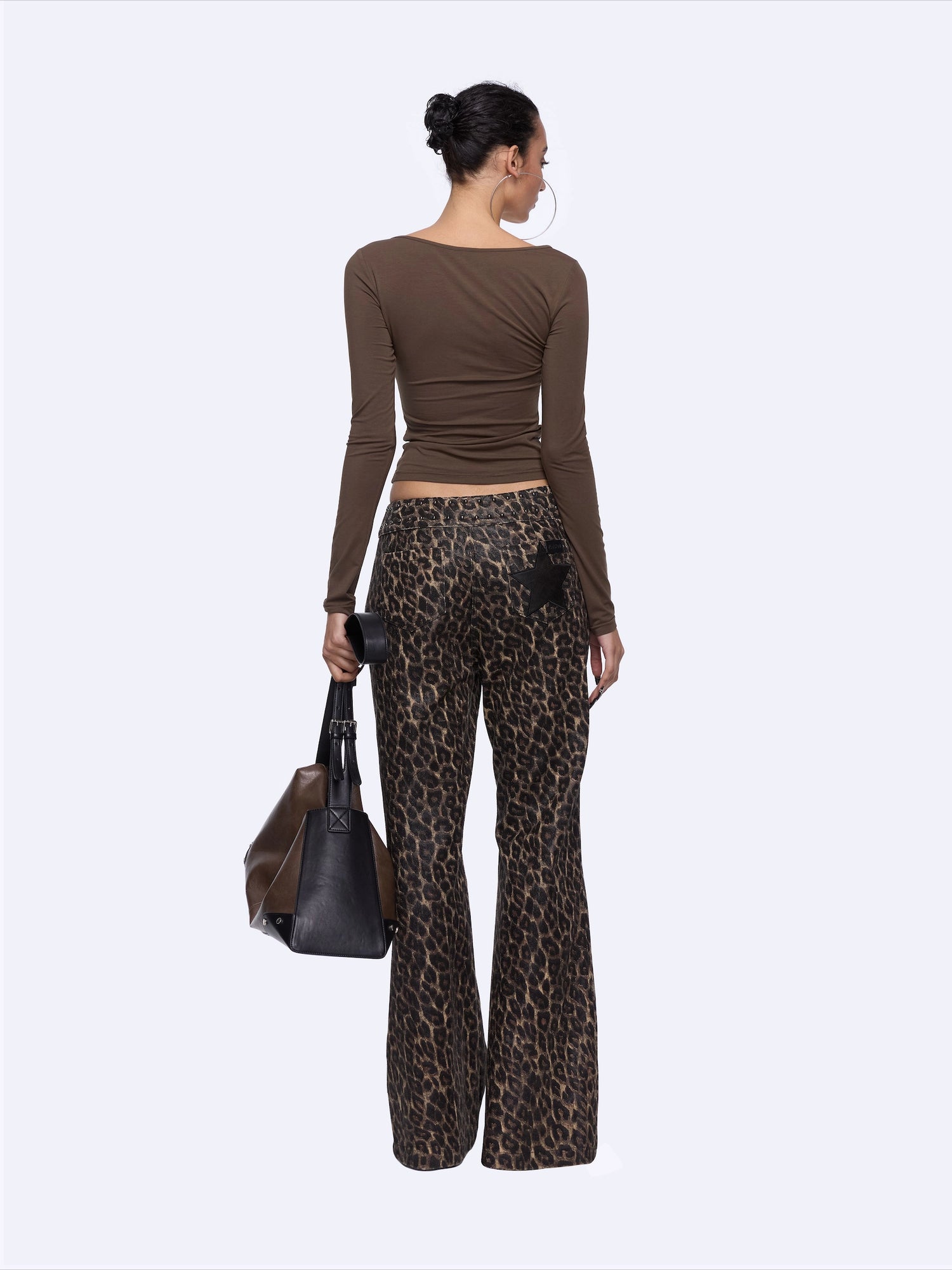 Studded Leopard-Print Micro-Flared Denim Pants