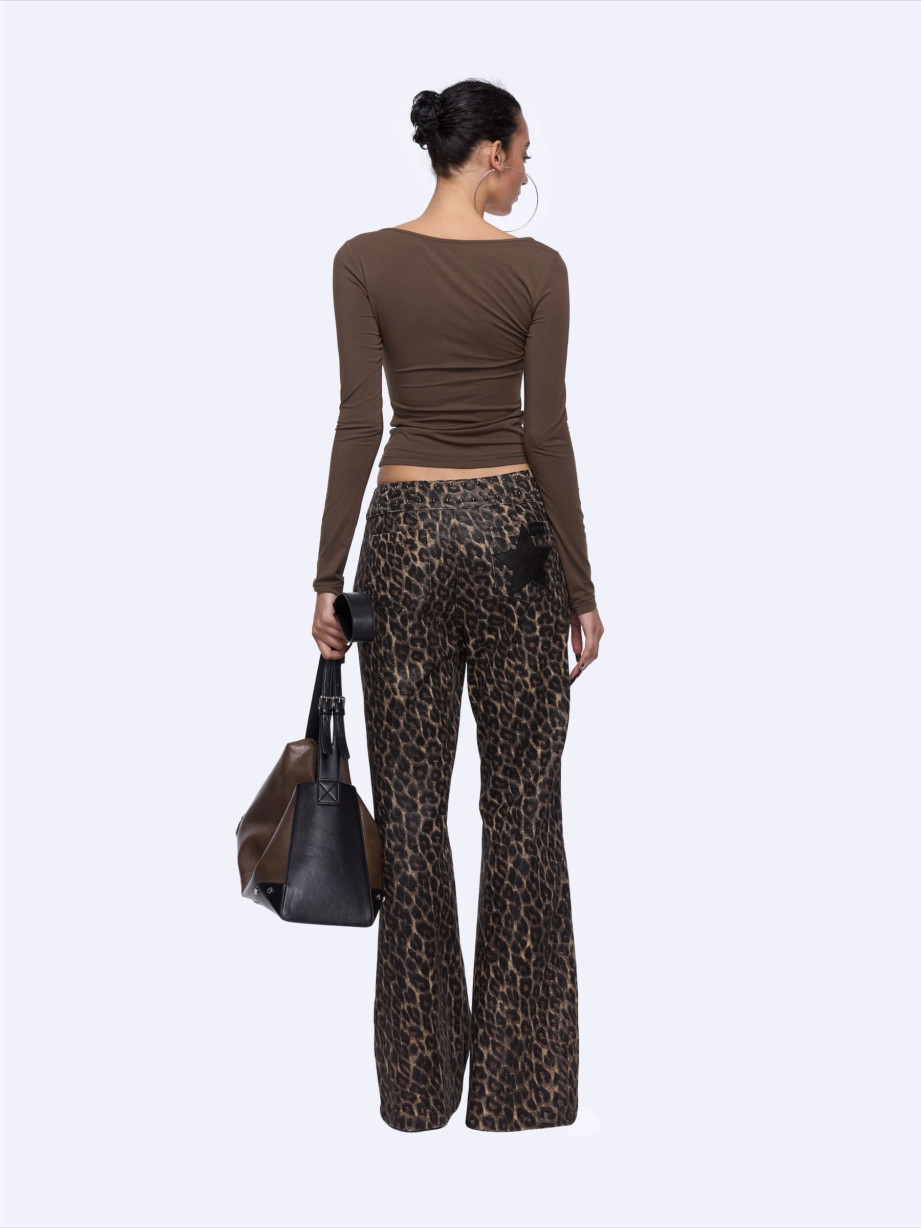 Studded Leopard-Print Micro-Flared Denim Pants