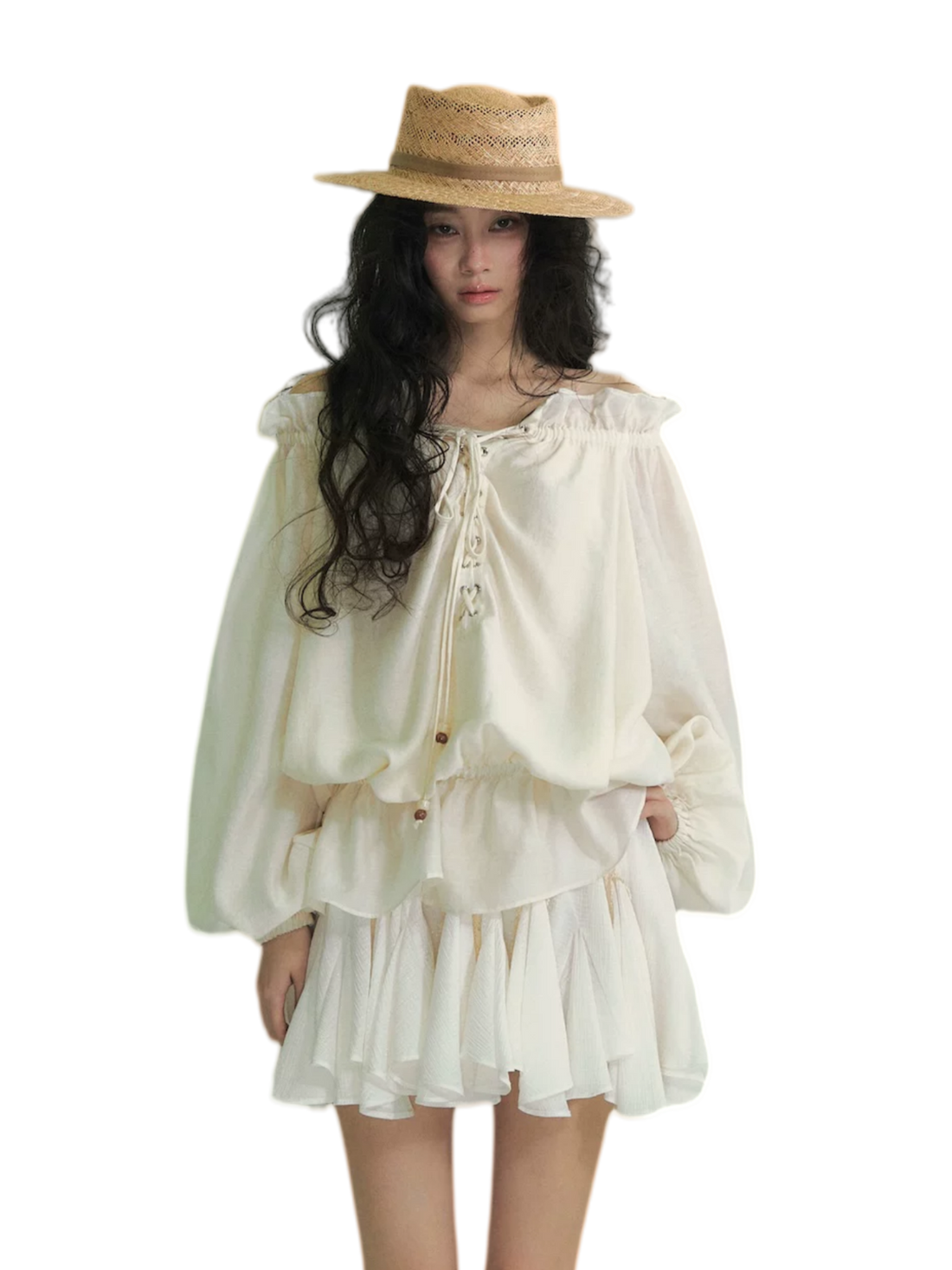 Off-Shoulder Lace-Up Lantern Sleeve Blouse