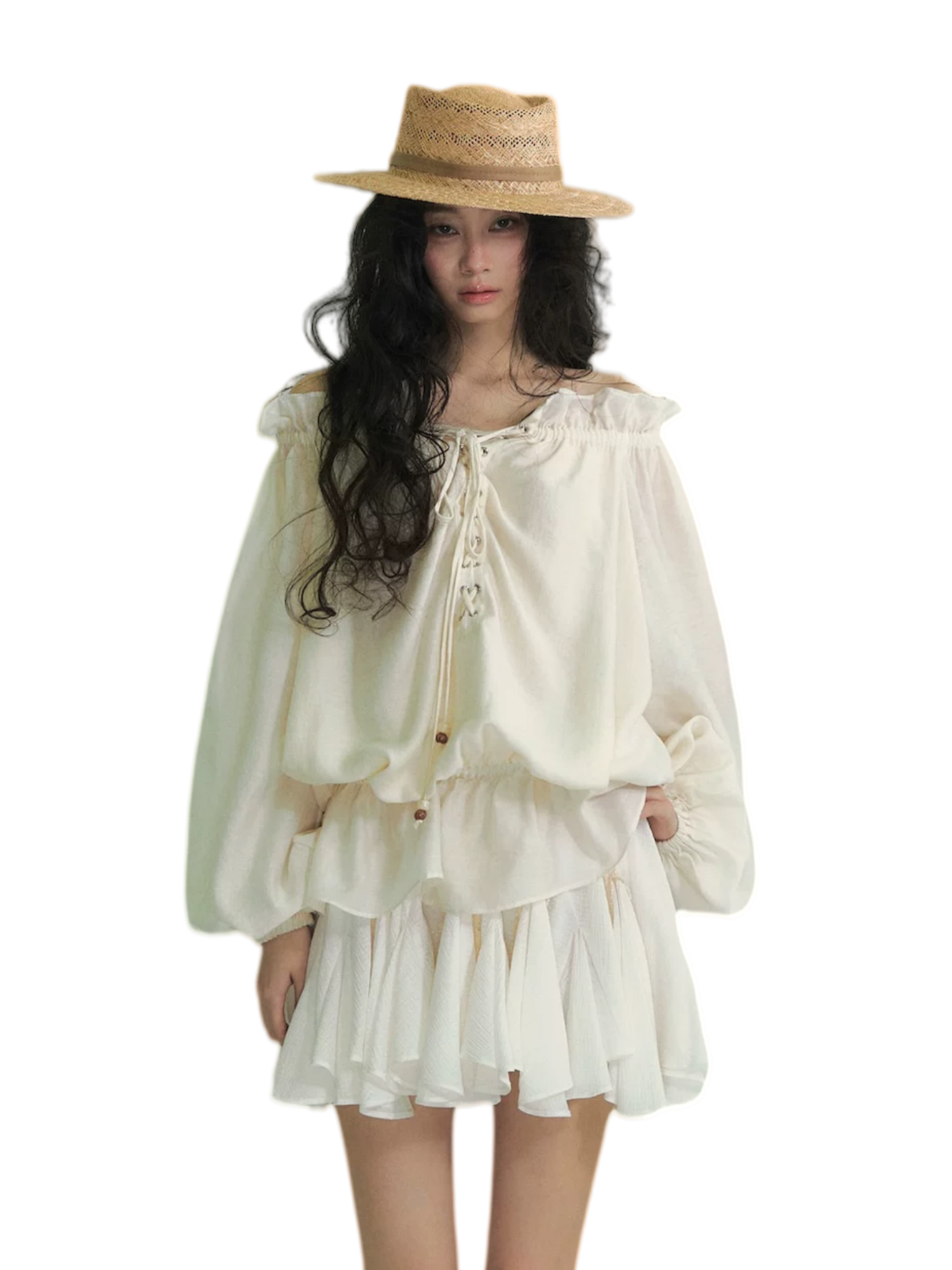 Off-Shoulder Lace-Up Lantern Sleeve Blouse