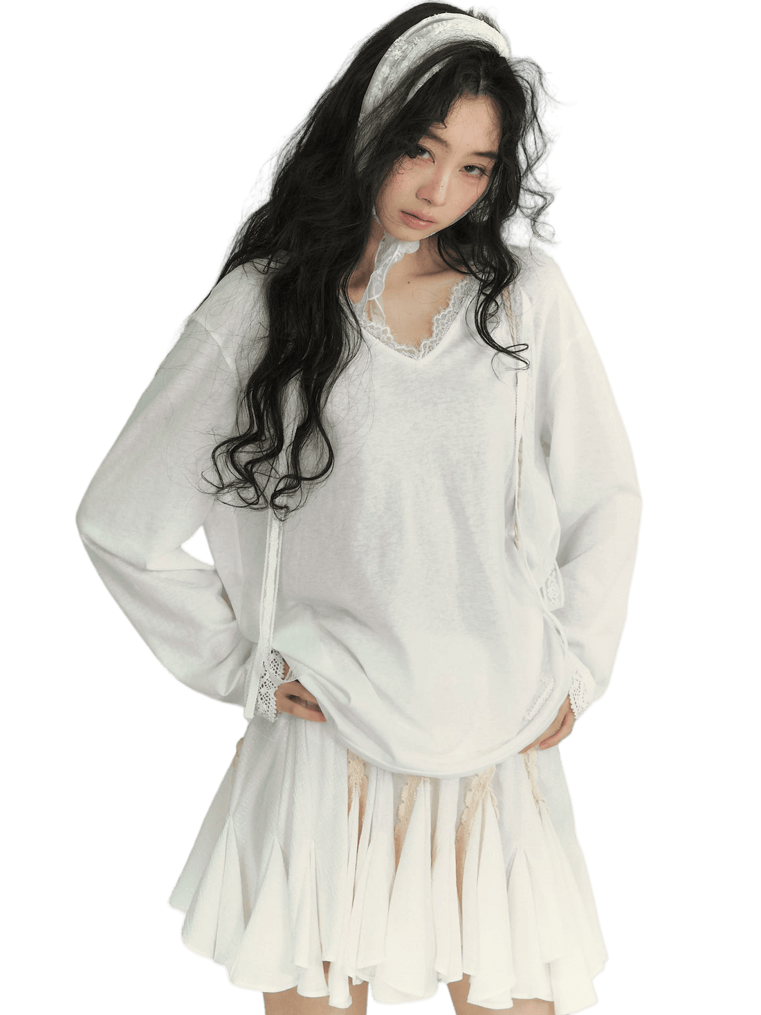 Lace Panel Tie-Detail Hooded Blouse