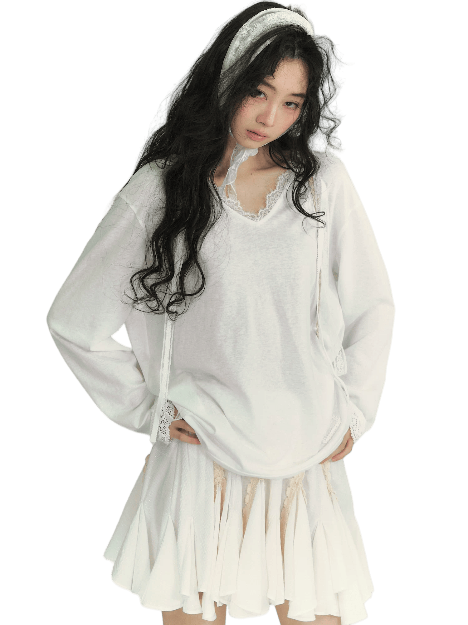 Lace Panel Tie-Detail Hooded Blouse