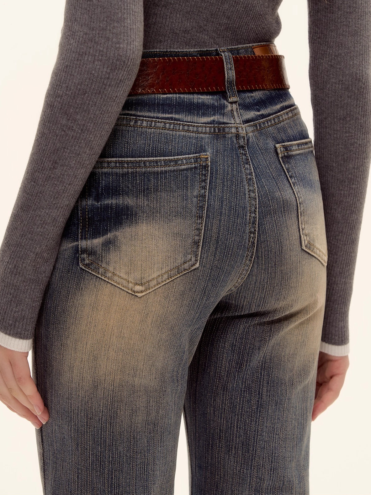 Textured Washed Flared Stretch Denim Pants