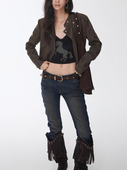 Vintage Pleated Washed Slim Curved Denim Pants