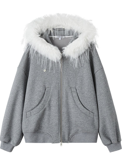 Detachable Fur Collar Double Zipper Hoodie