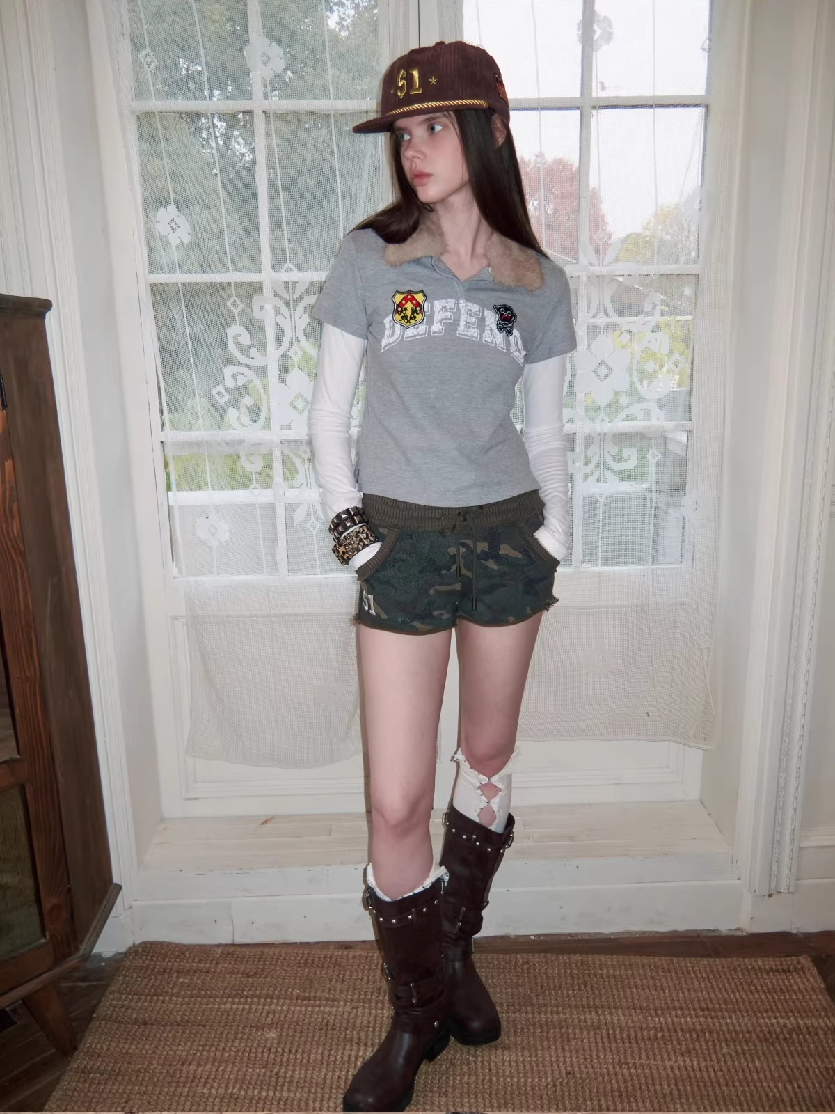 Layered Polo Long Sleeve Top with Faux Fur Collar