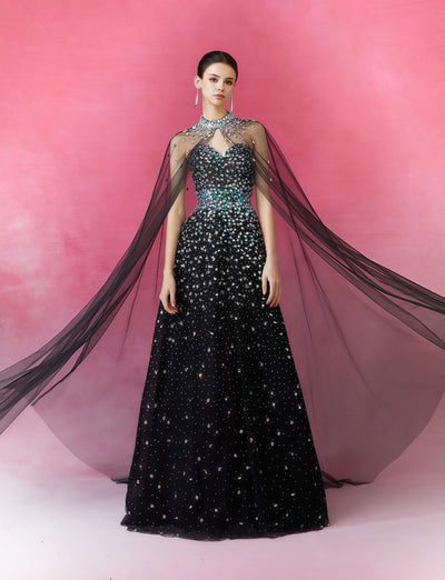 Starlight Gradient Sequin Cape Gown