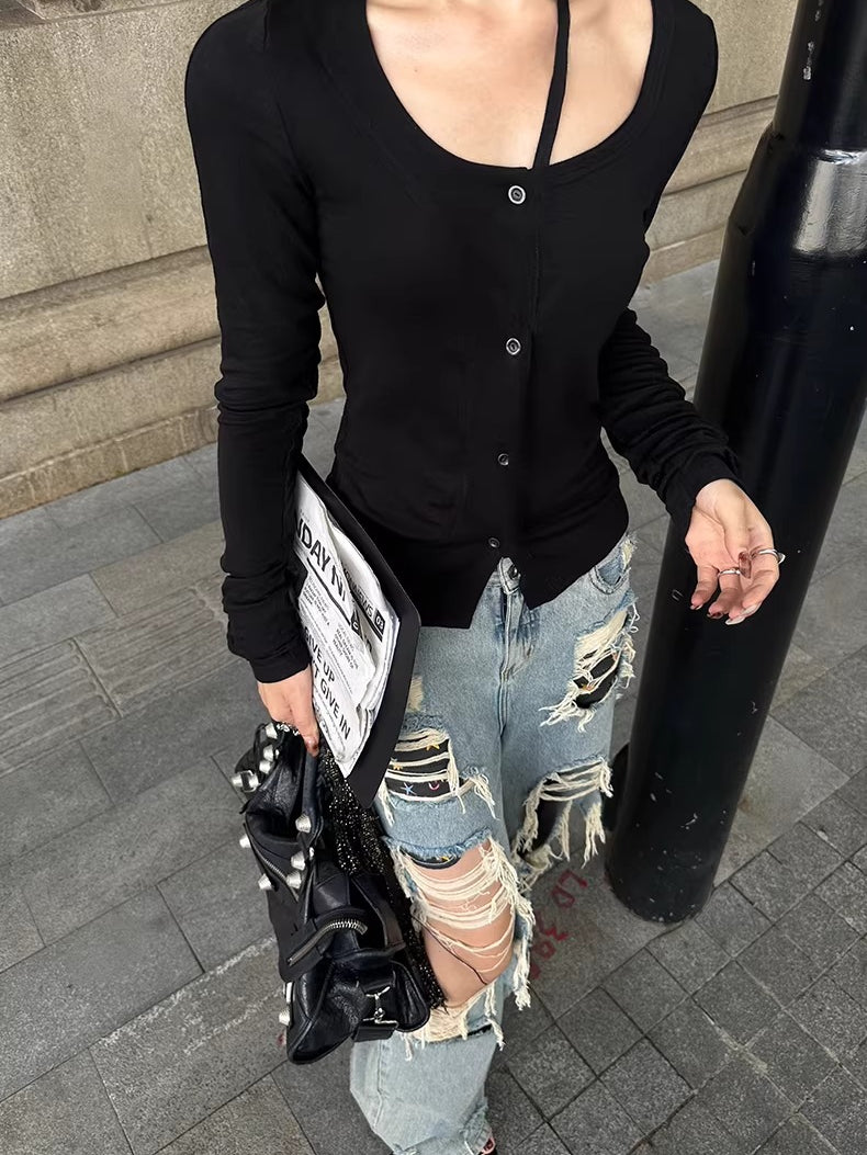 Straight-Leg Distressed Denim Jeans