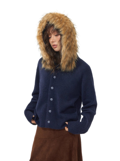Detachable Fur-Collar Fleece Hooded Cardigan