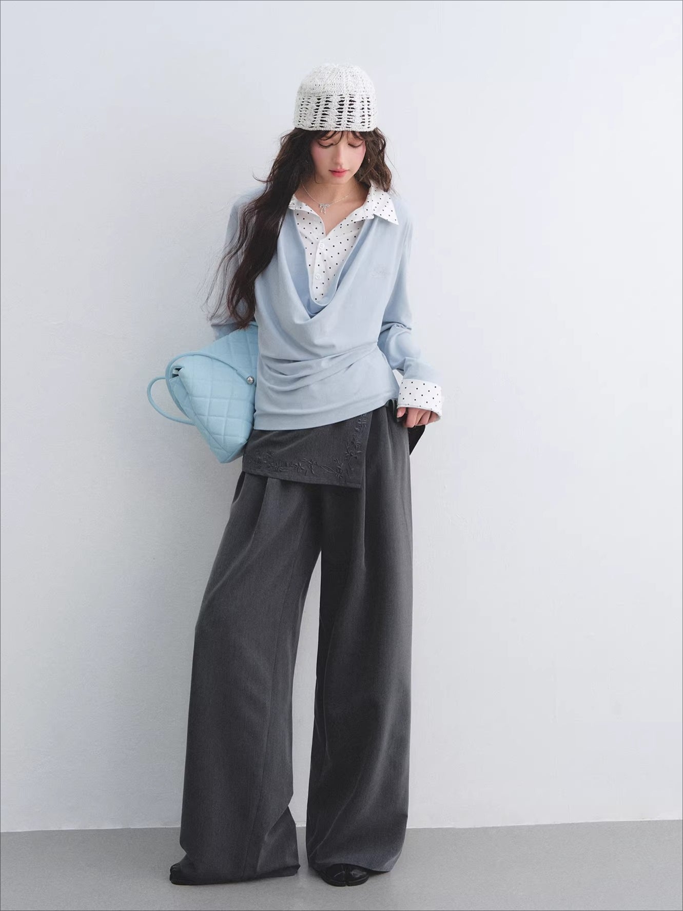 Embroidered Panel Wide-Leg Tailored Trousers