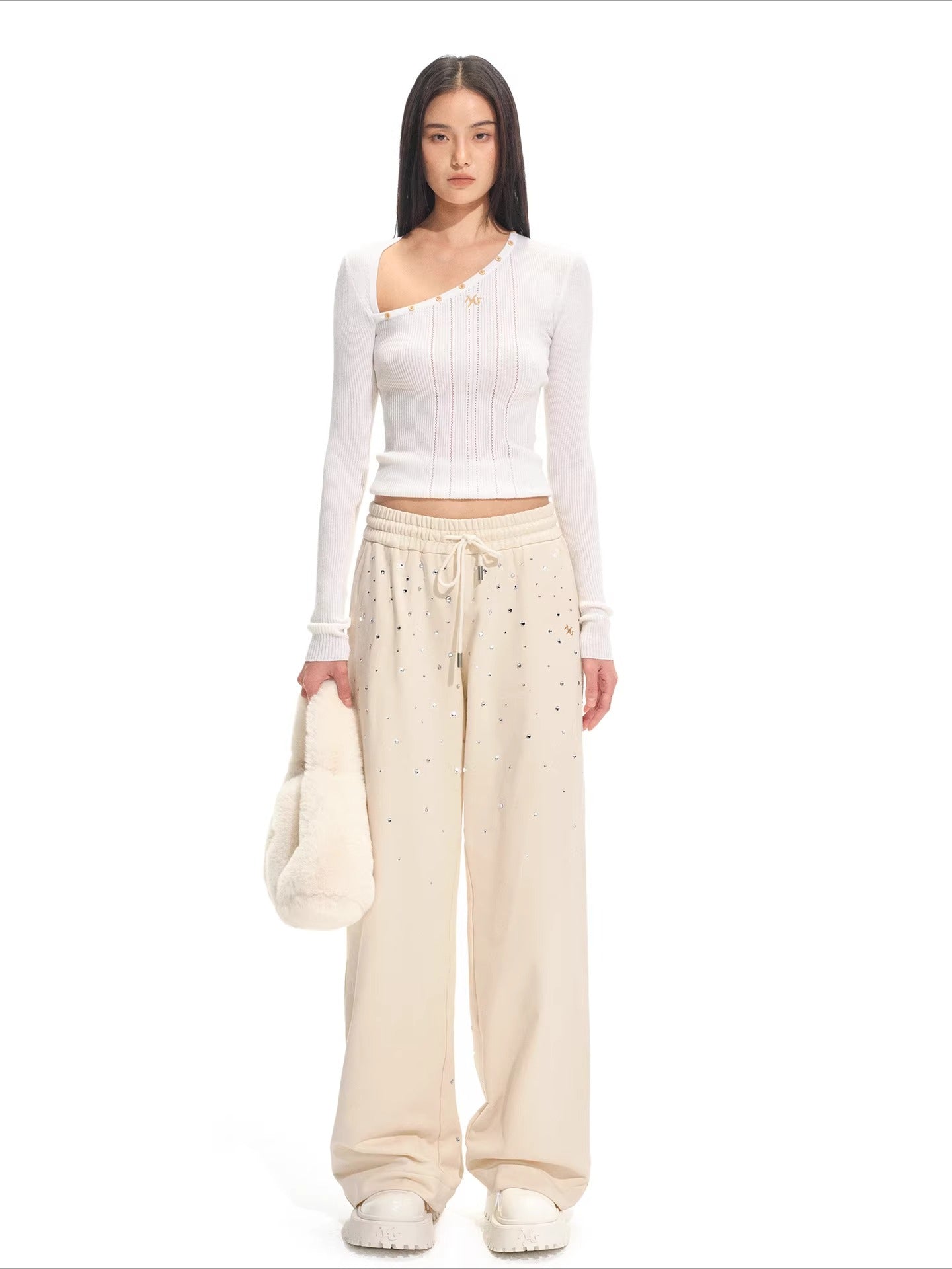 Gradient Rhinestone Cotton Knit Wide-Leg Pants