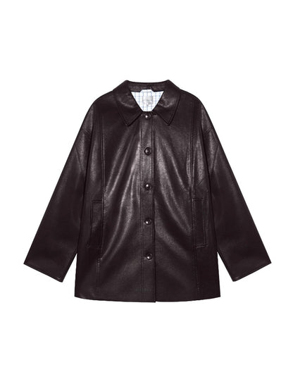 Black H-shaped Cuff Checkered Spliced Leather Jacket - CHINASQUAD