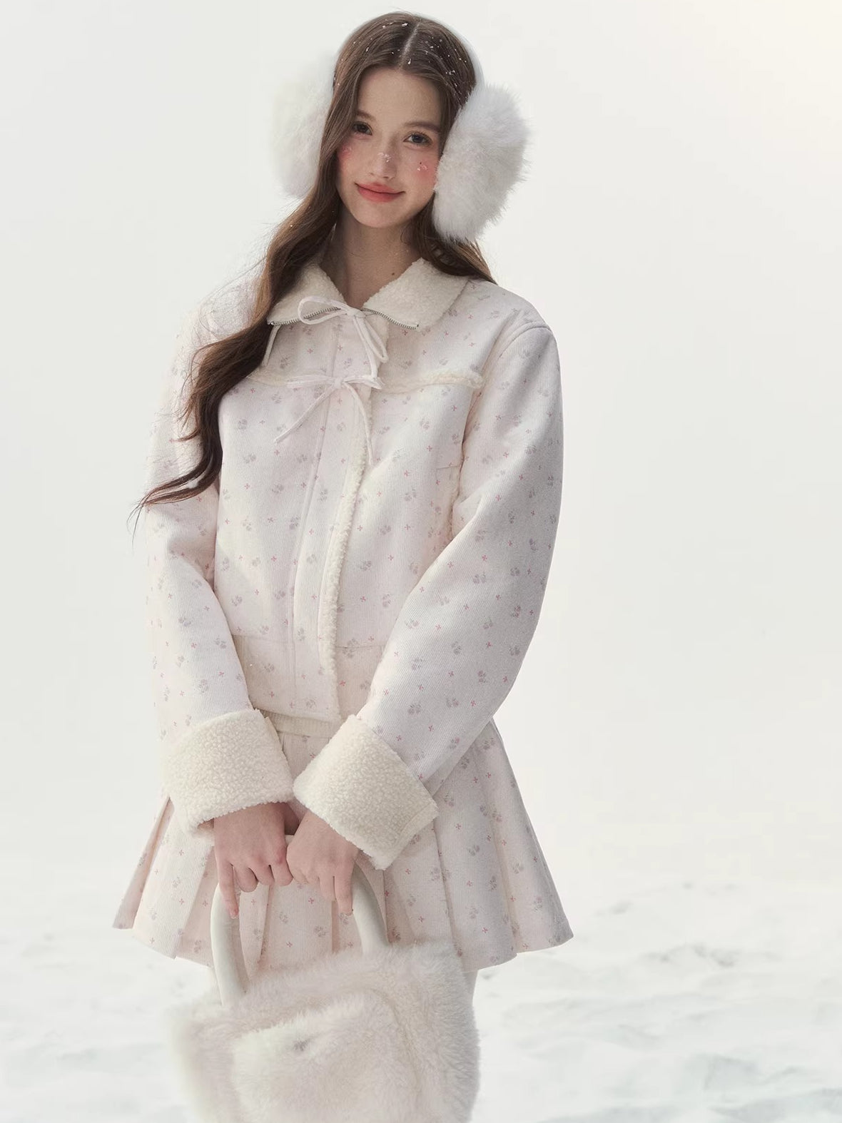 Shearling Patchwork Jacket Pleated Skirt Set