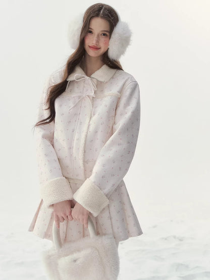 Shearling Patchwork Jacket Pleated Skirt Set