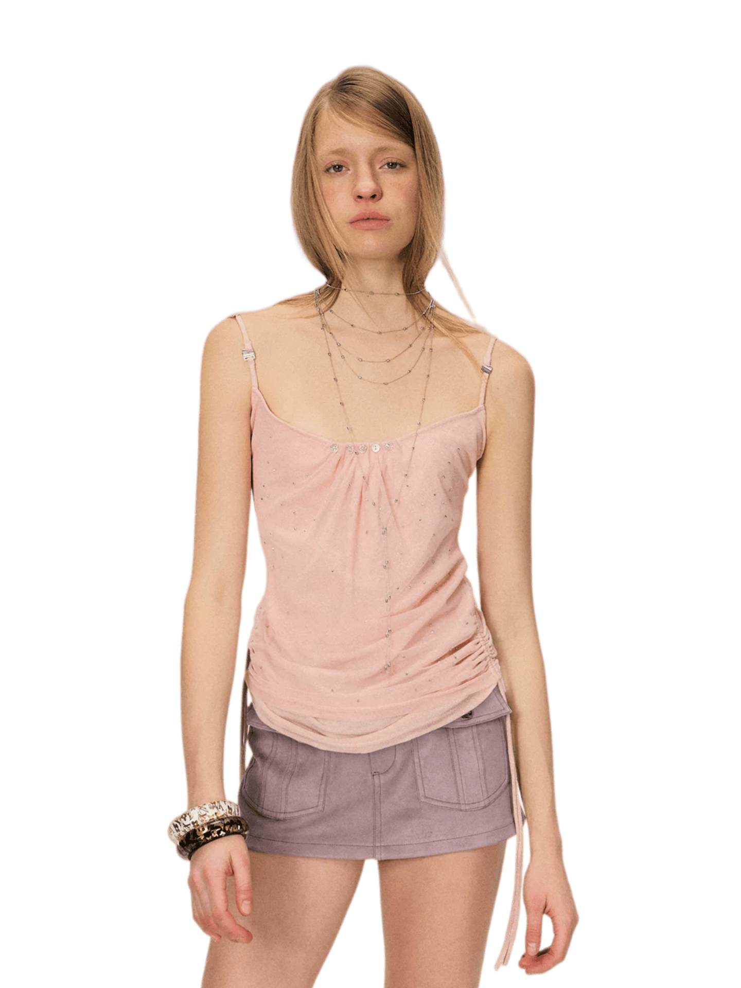 Crystal-Embellished Sheer Ruched Camisole