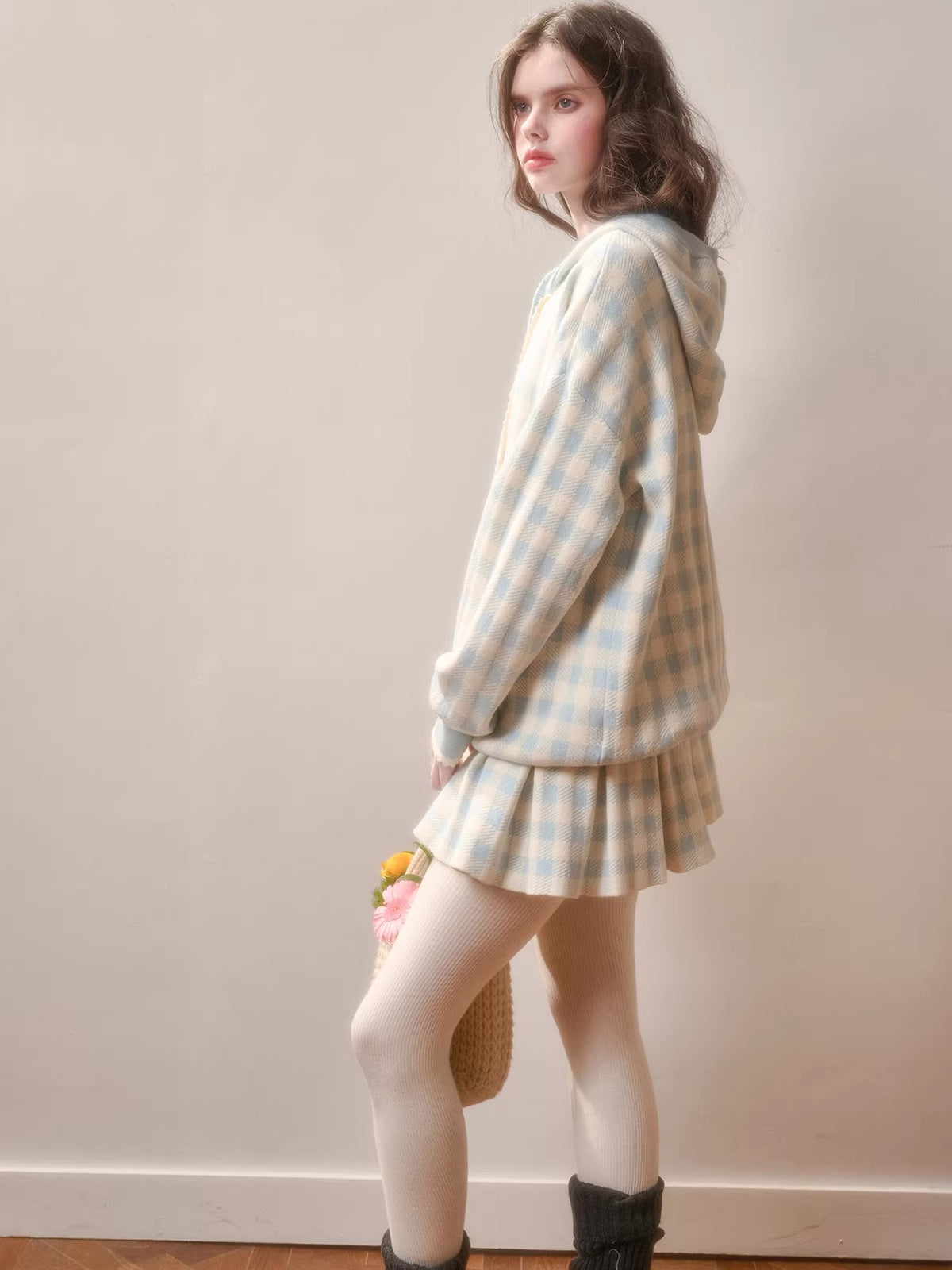 Plaid Contrast Jacket &amp; Pleated Skirt Set