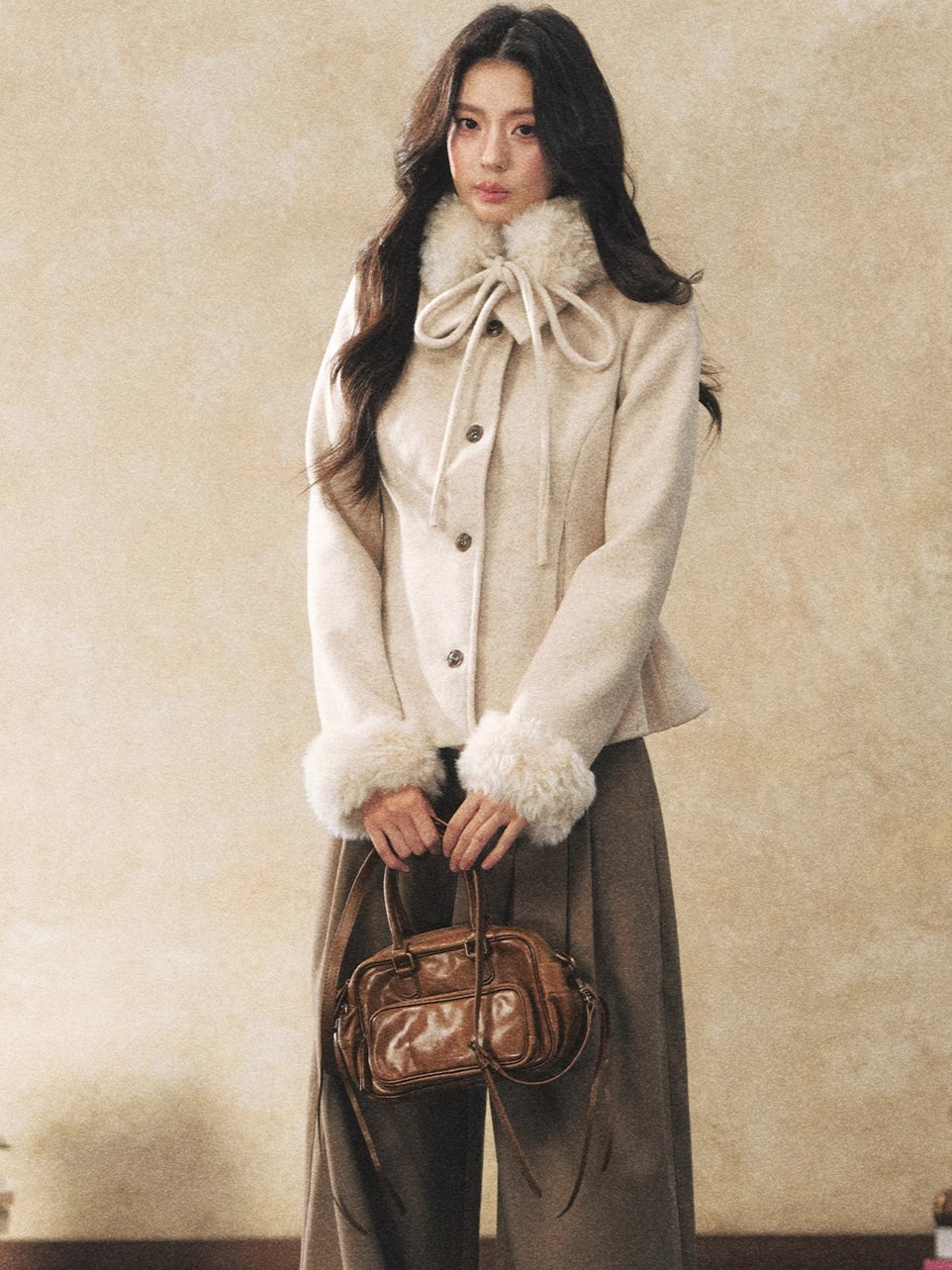 Khaki Fluid Wide-Leg Pleated Trousers