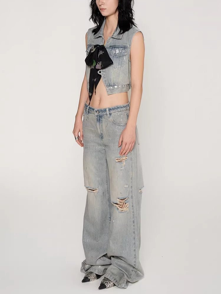 Silver-Foil Double-Waist Denim Pants