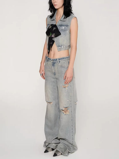 Silver-Foil Double-Waist Denim Pants