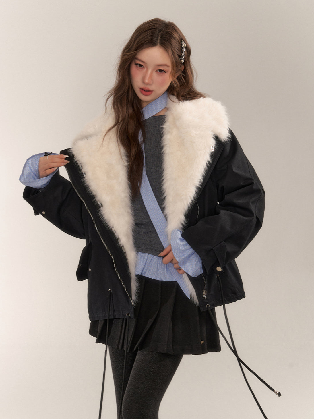 Detachable Fur Collar Parka Coat