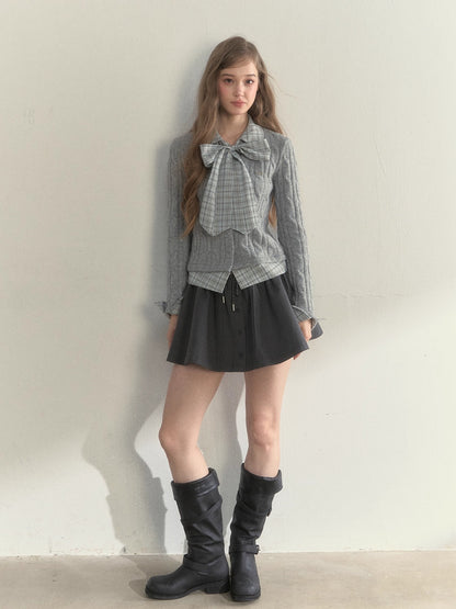 Retro Bow-Tie Preppy Layered Cable Knit Cardigan