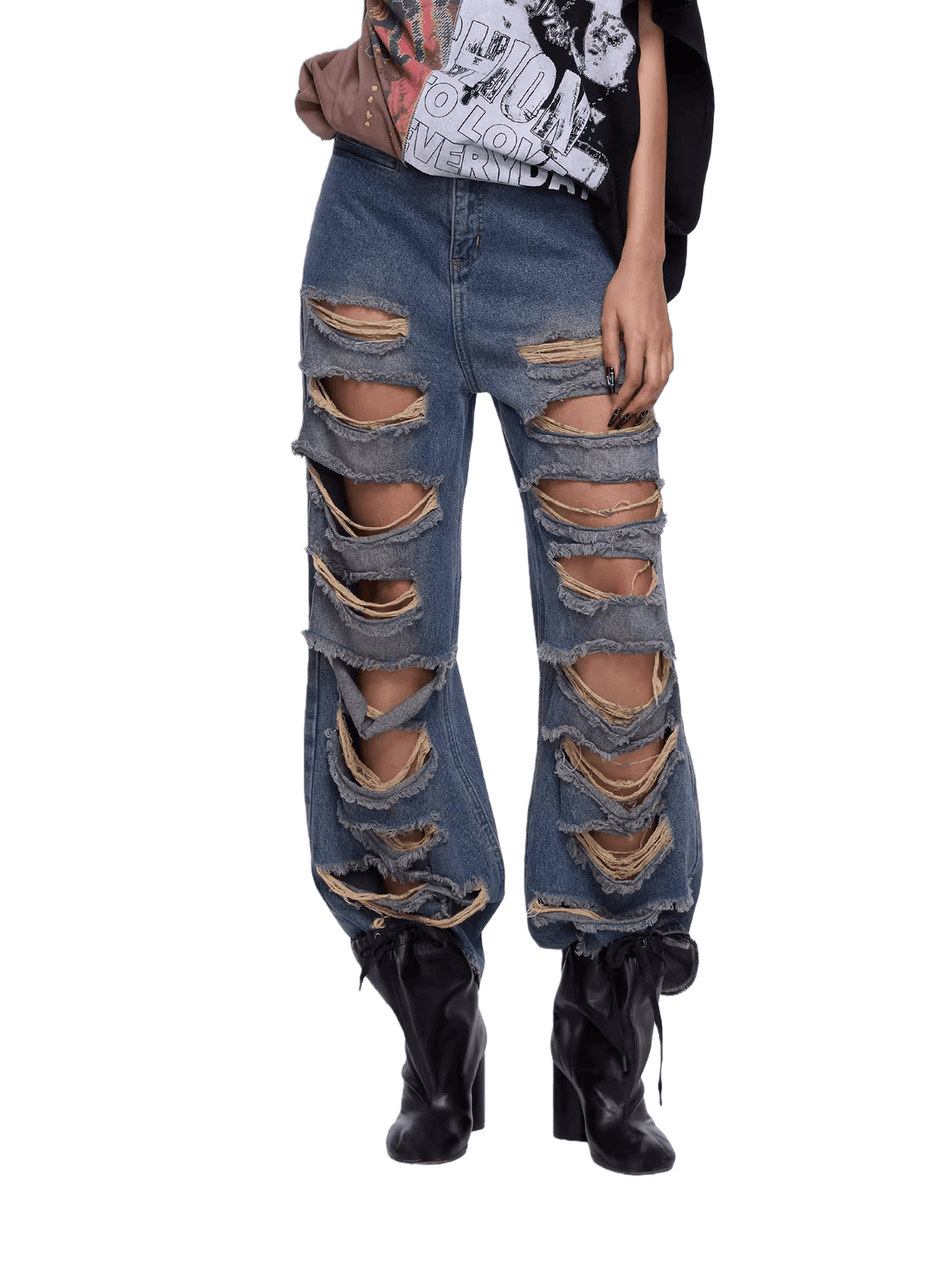 Vintage Washed Distressed Wide-Leg Denim Jeans