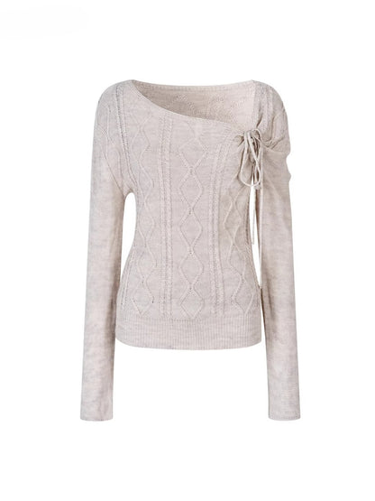 Asymmetrical Tie-Neck Cable Knit Sweater