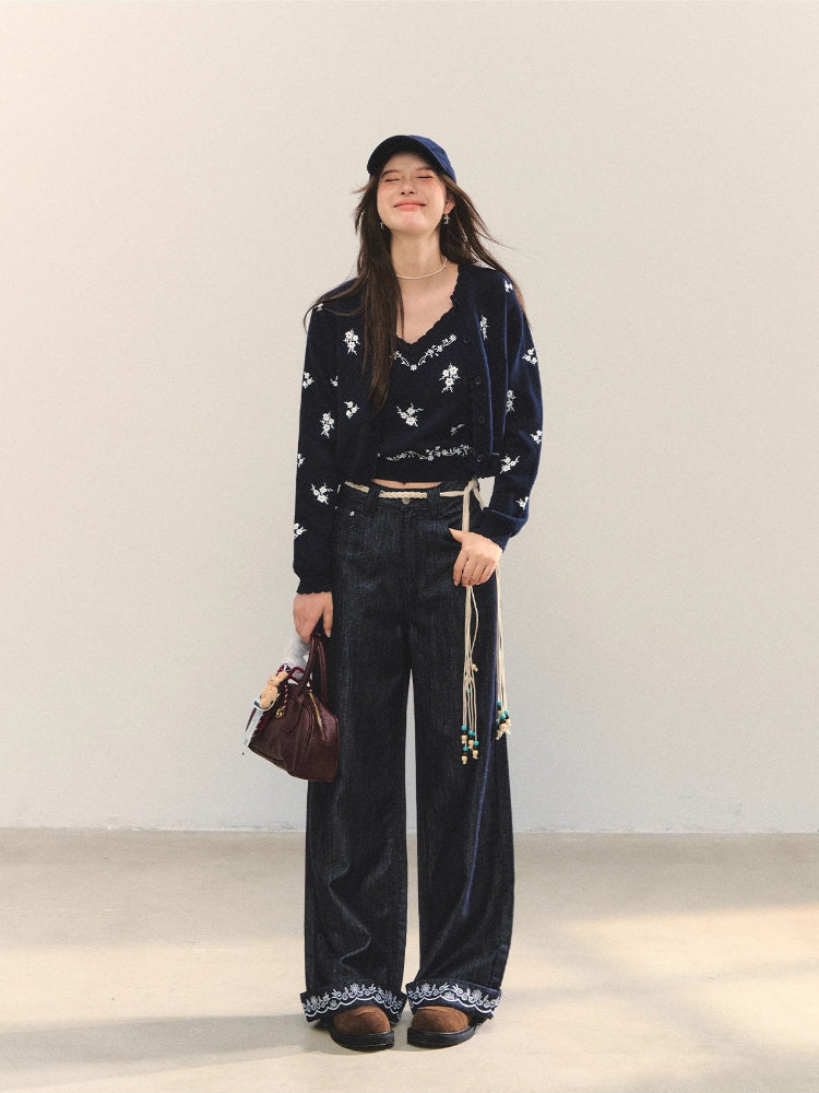Navy Blue Floral Embroidery Knitted Cardigan
