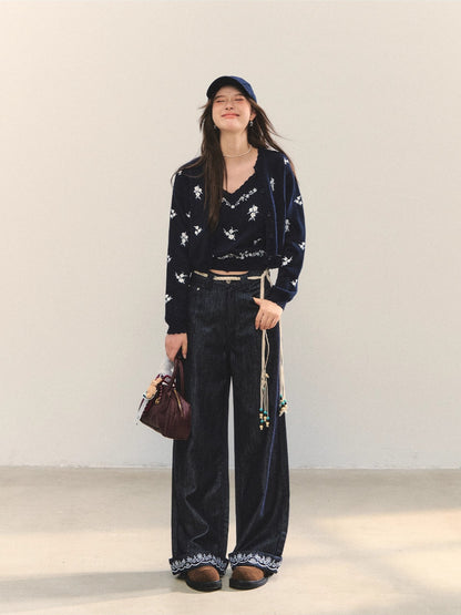 Navy Blue Floral Embroidery Knitted Cardigan