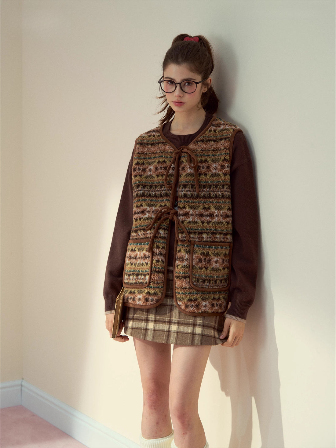 Mocha Fair Isle Reversible Tie-Front Shearling Vest
