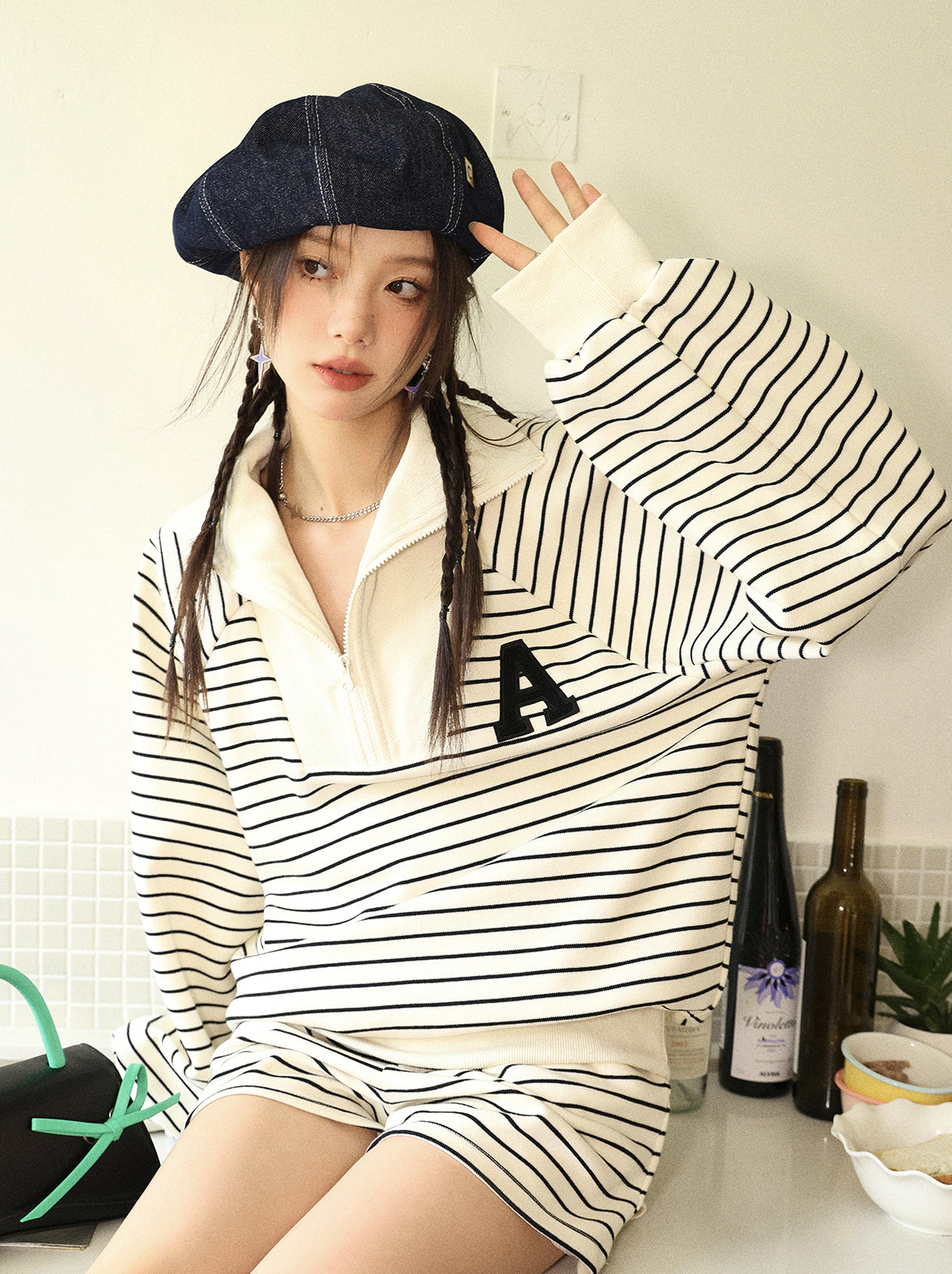 Striped Embroidered Sweatshirt &amp; Shorts Set