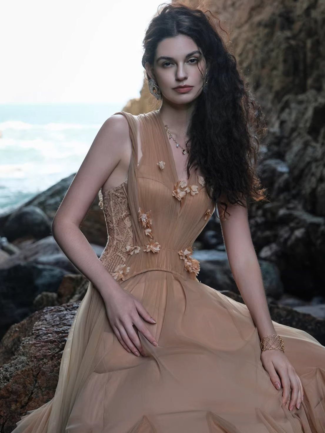 Heavy Lace Halter Corset Mesh Maxi Dress