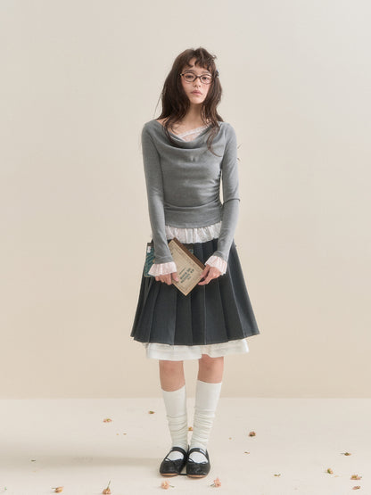 Gray Pleated Lace Skirt