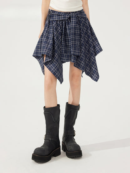 Plaid Tie Up Irregular Shirt Skirt - CHINASQUAD