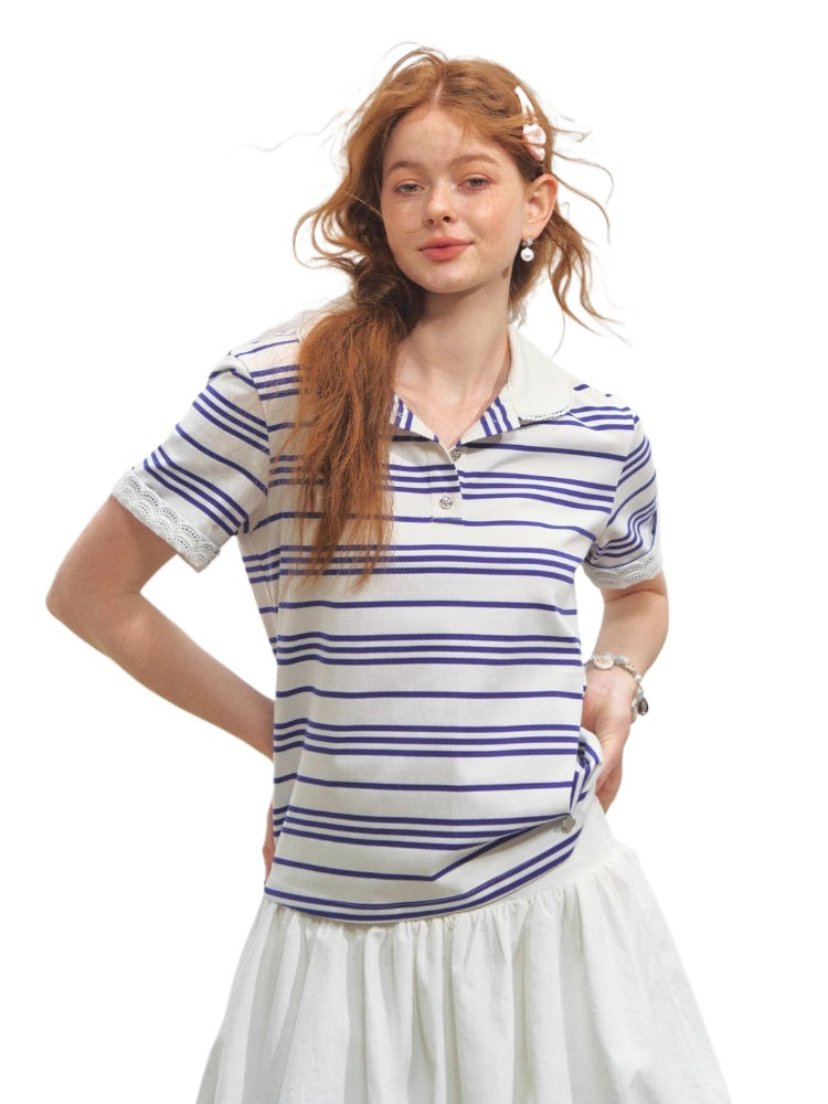 Striped Lace Short-Sleeve Polo Neck T-Shirt - CHINASQUAD