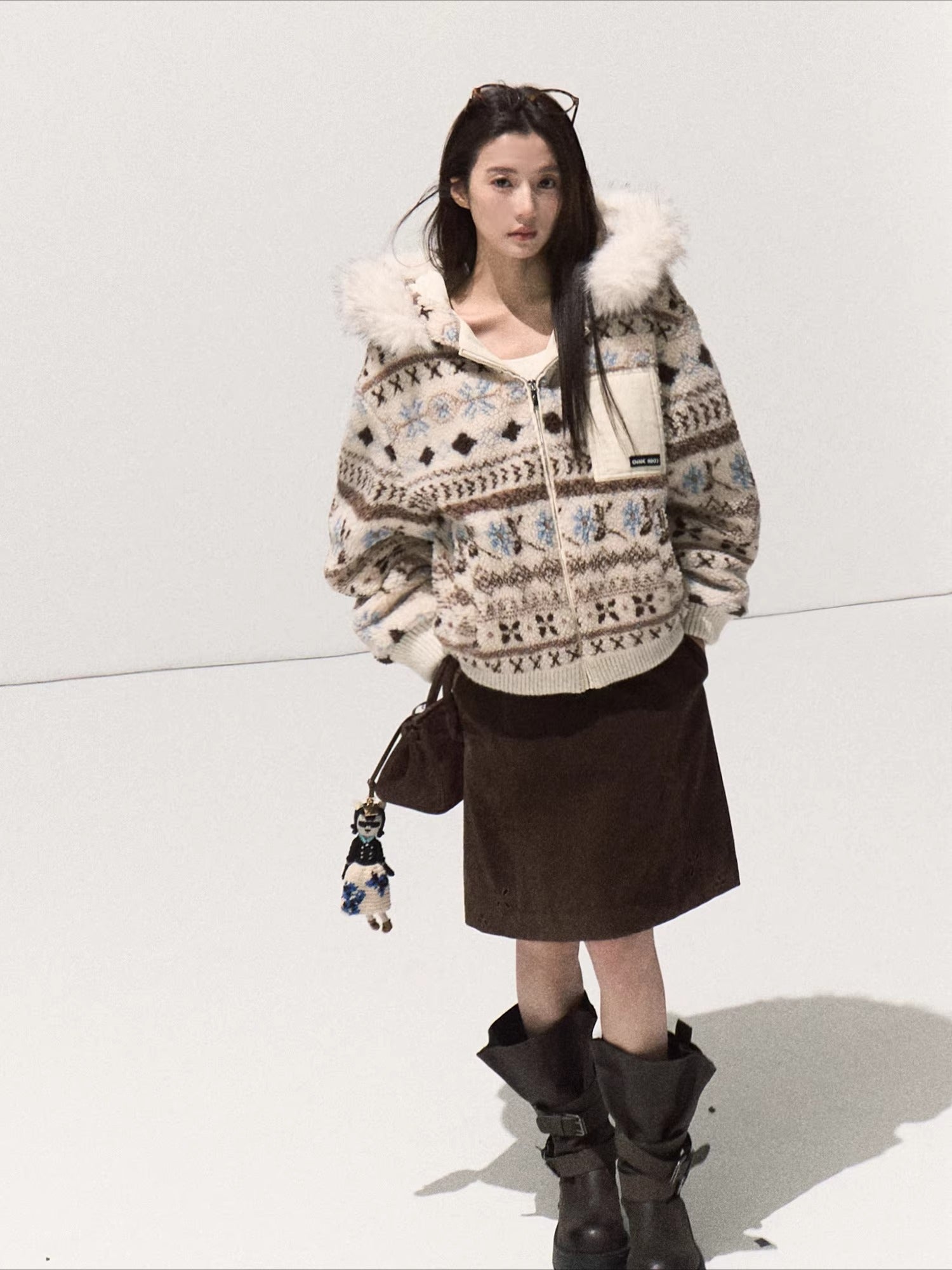 Jacquard Shearling Hooded Short Jacket