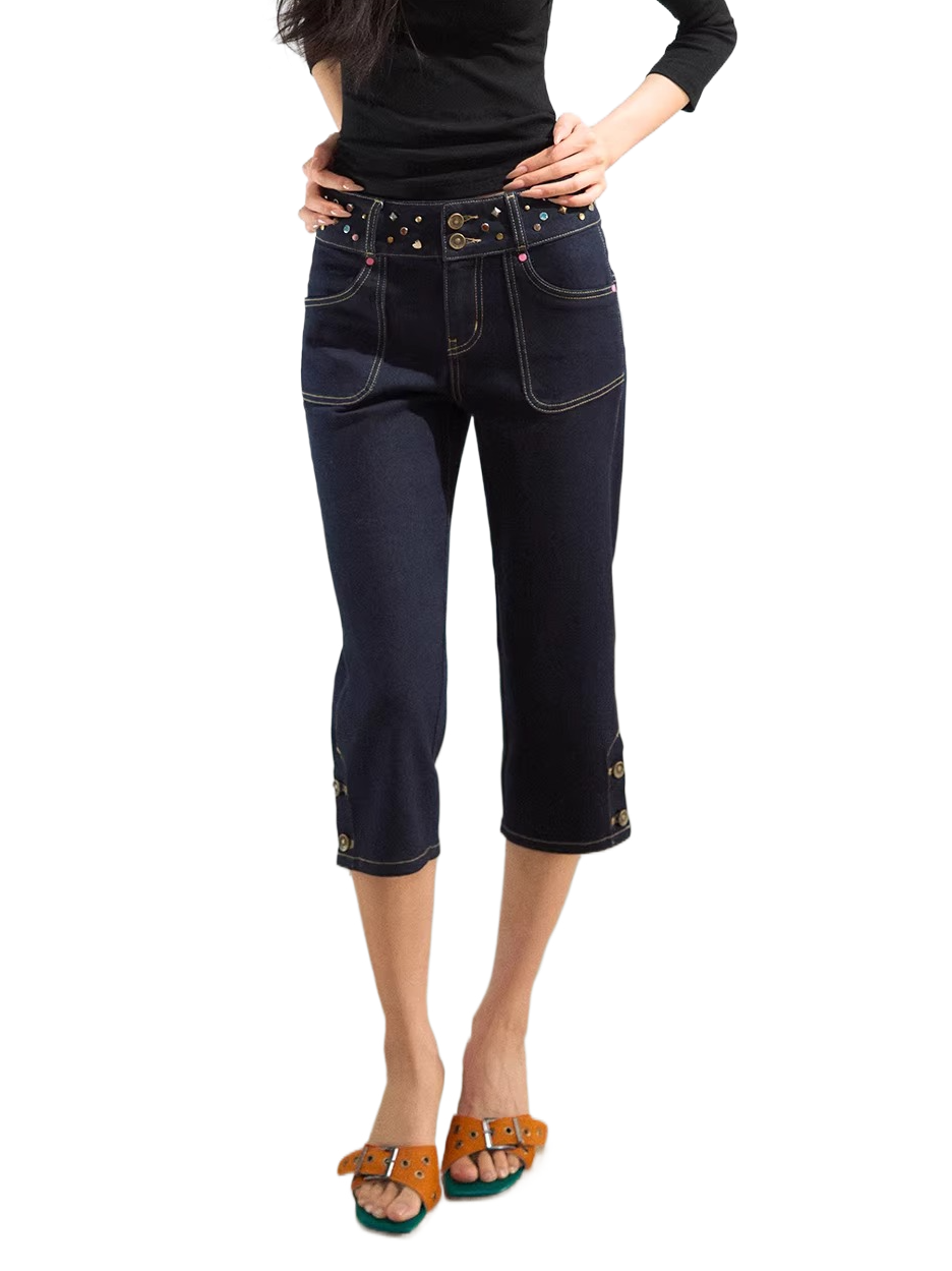 Studded Belt Cropped Denim Pants