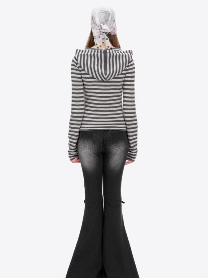 Striped Bear Button Hoodie Tee
