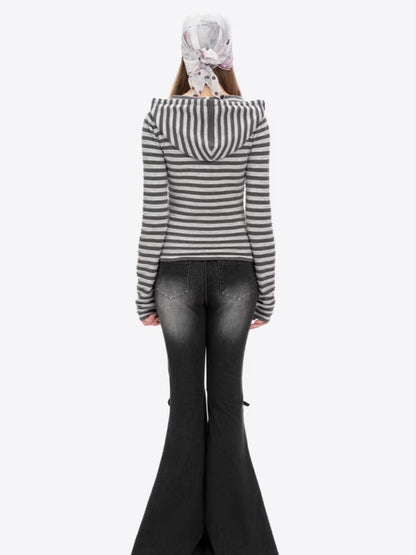 Striped Bear Button Hoodie Tee