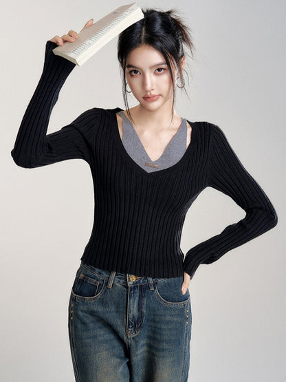 Faux Two-Piece Hollow Knit Top