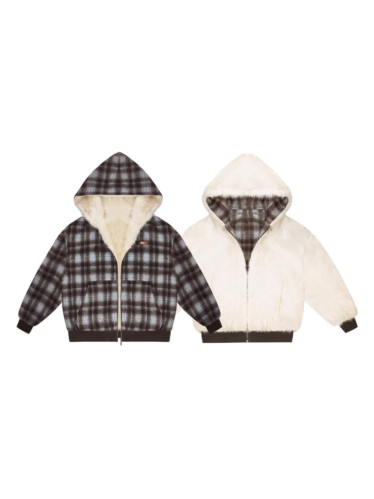 Reversible Plaid Faux Fur Coat