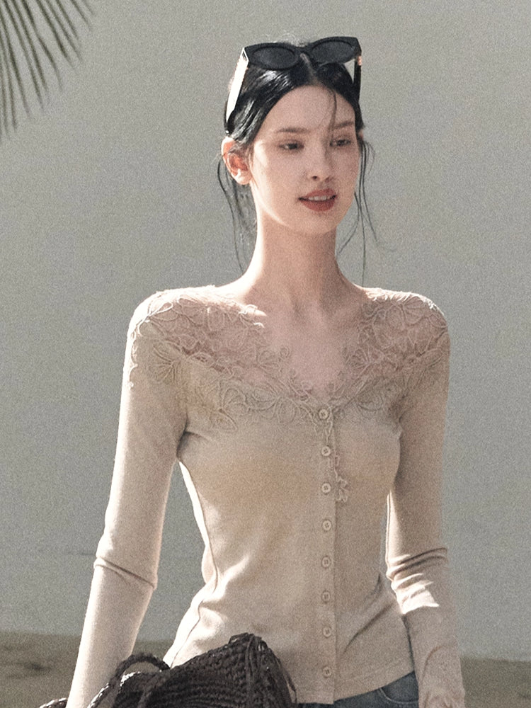 Sculpted Lace-Trim V-Neck Fitted Knit Cardigan
