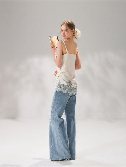 Asymmetric Lace-Trim Satin Camisole