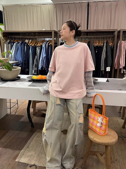 Contrast-Neck Relaxed Patchwork Cotton T-Shirt