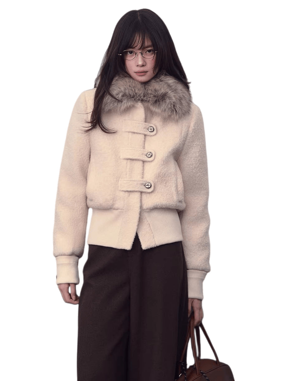Wool-Blend Fur-Collar Short Down Jacket