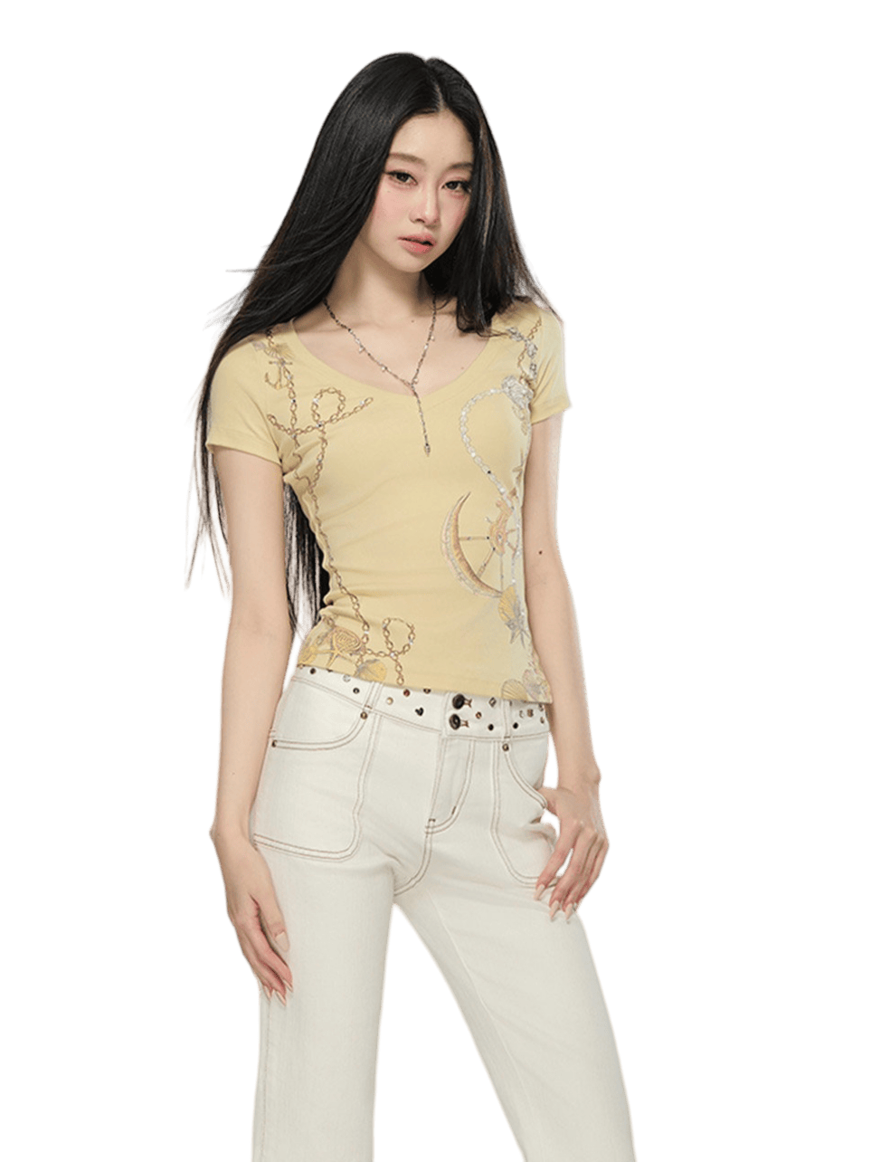 Embellished Printed V-Neck Cropped T-Shirt
