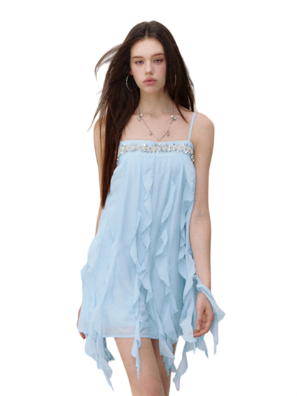 Beaded Trim Flowing Acetate Slip Dress