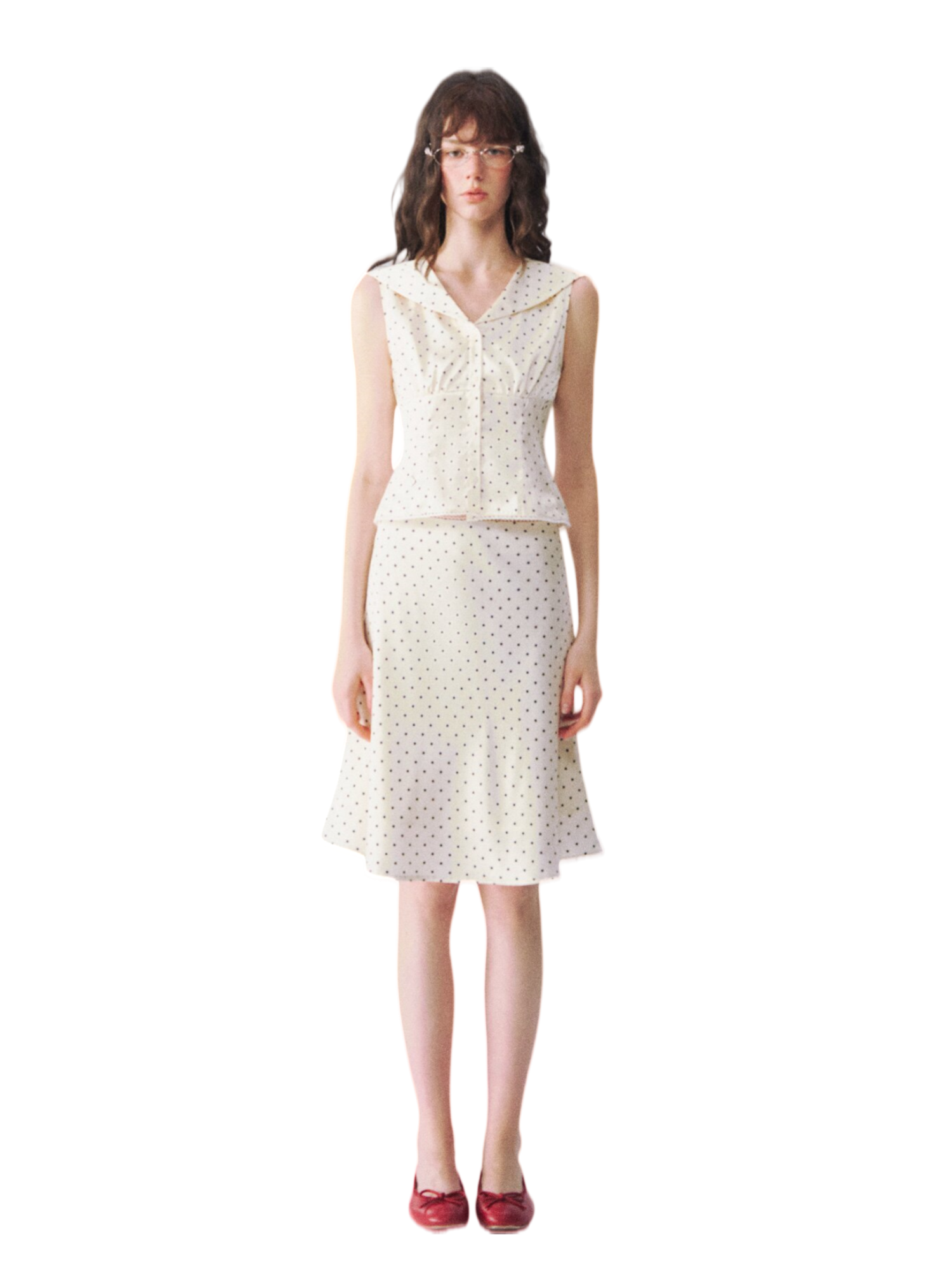 Collar Cinched Top &amp; French A-line Midi Skirt Set