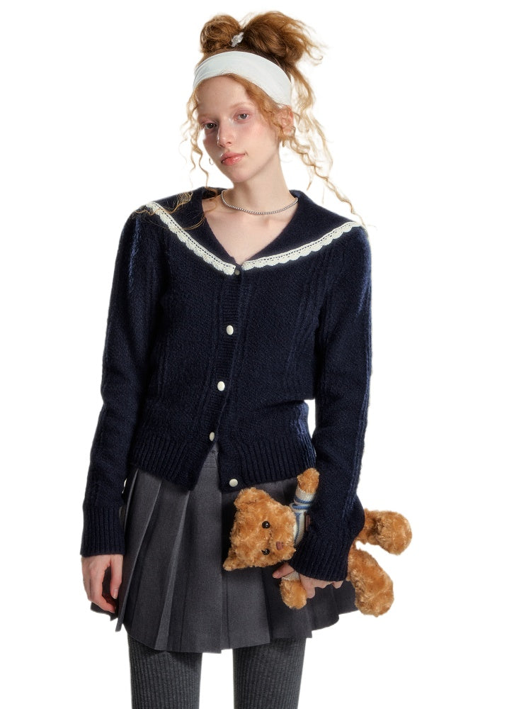 Sailor Collar Lace Trim Knitted Cardigan 